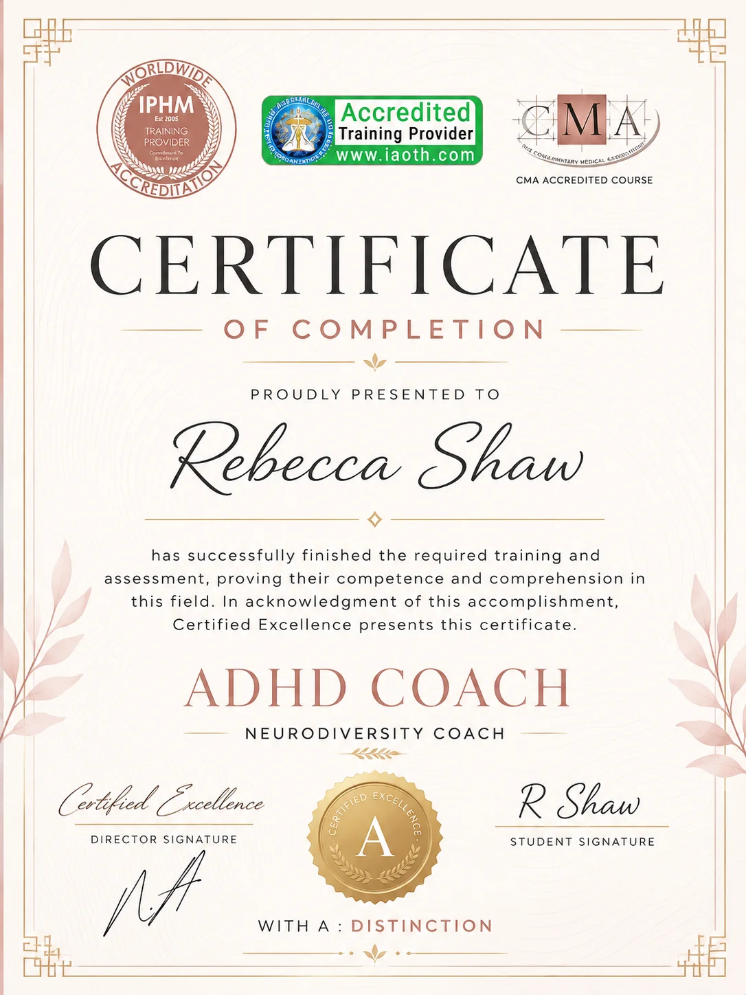 ADHD Coach certificate awarded to Rebecca Shaw