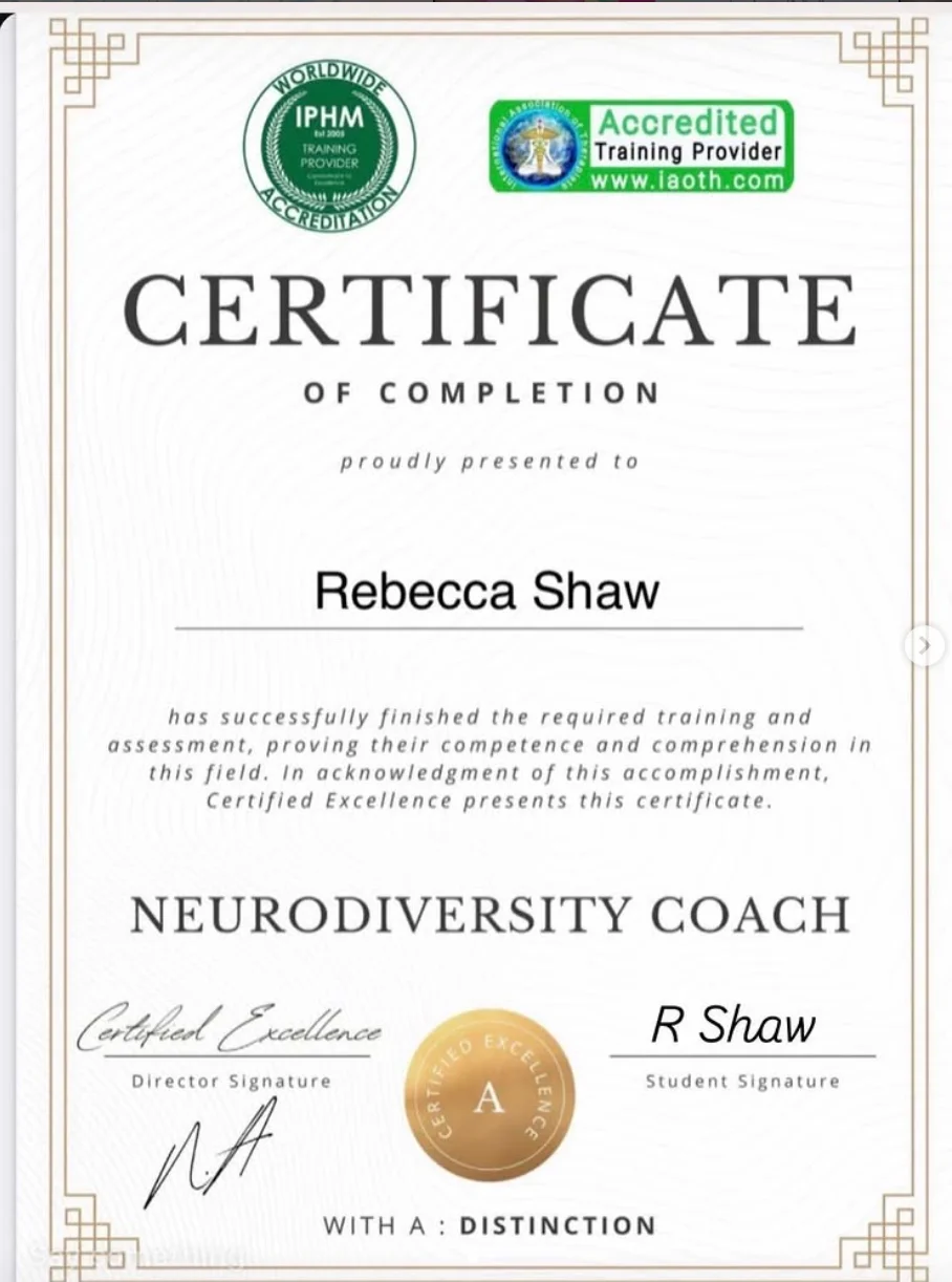 Neurodiversity Coach certificate awarded to Rebecca Shaw